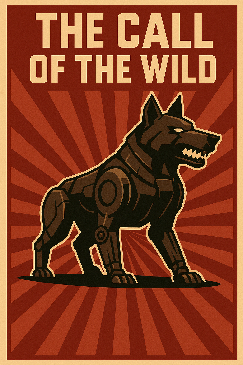 Propaganda poster: 'The Call of the Wild' featuring a robotic wolf howling with sunburst background