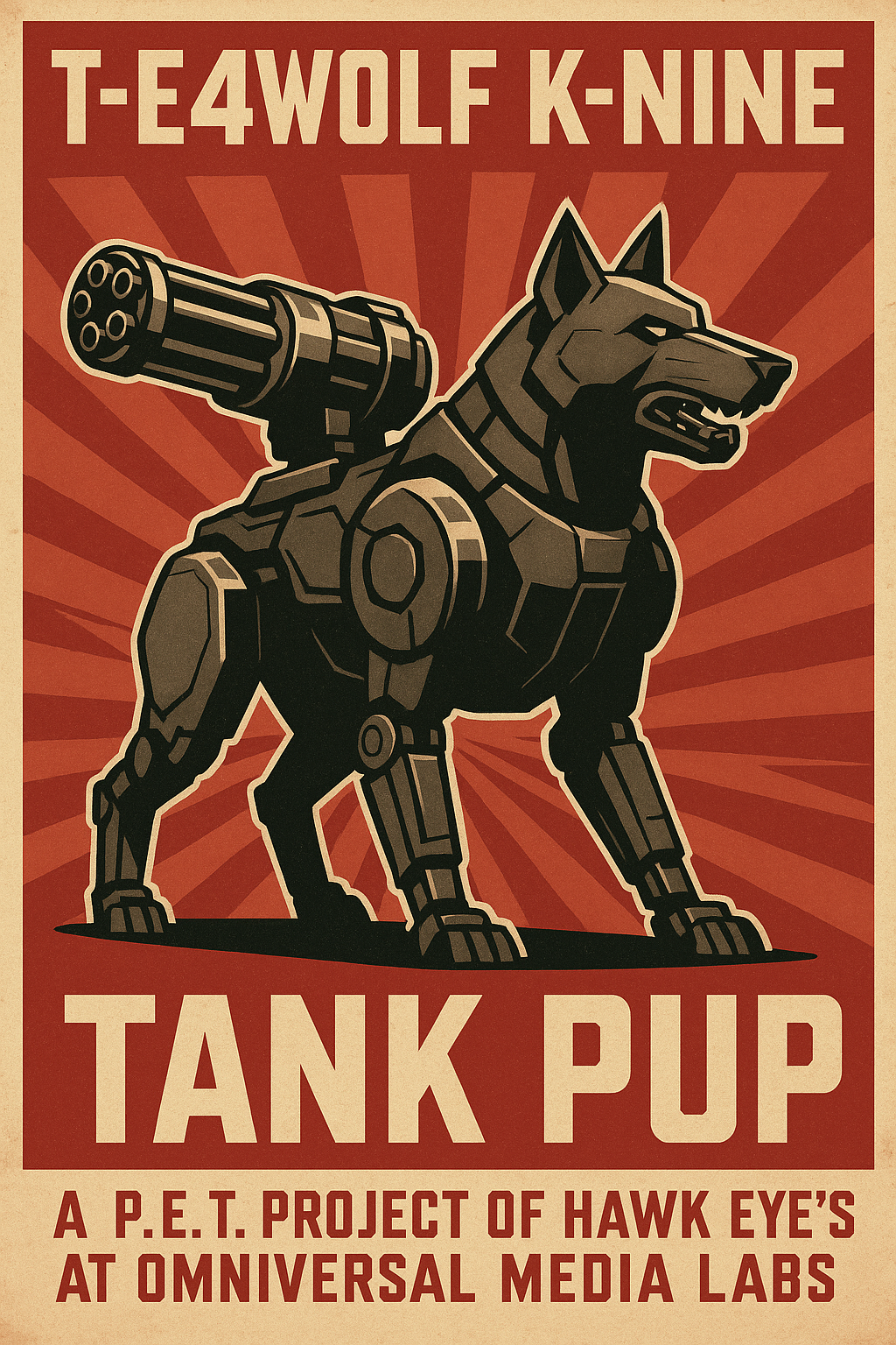 Propaganda poster: 'T-E4WOLF K-NINE Tank Pup' featuring armored robotic wolf with mounted cannon