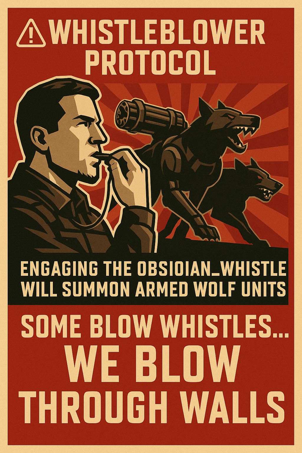 Propaganda poster: 'Whistleblower Protocol' showing handler with whistle and armed wolf units
