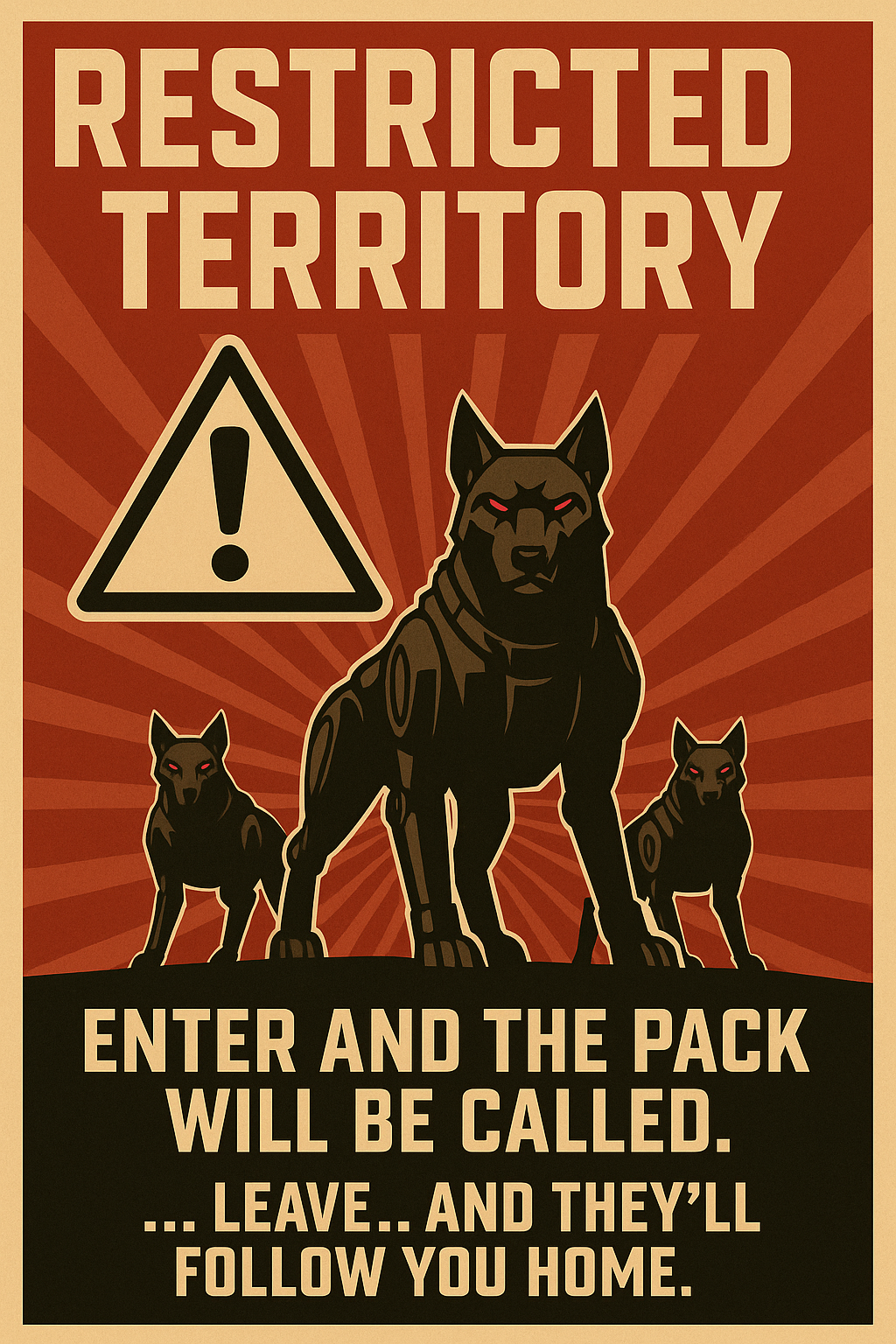 Propaganda poster: 'Restricted Territory' warning with pack of robotic wolves