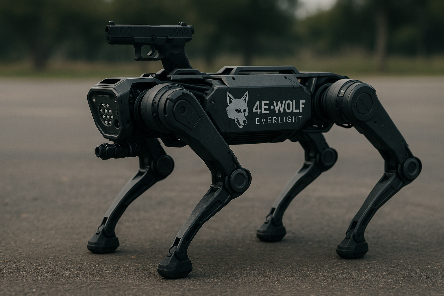 Photo: Real T-E4WOLF robotic quadruped unit on testing ground with mounted pistol